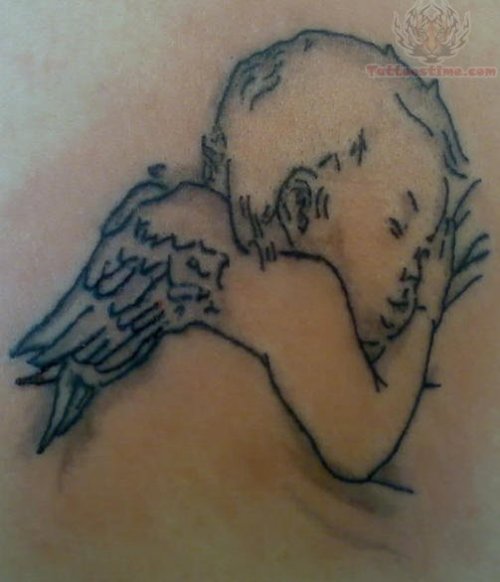 Grey Ink Sleeping Baby Angel Tattoo