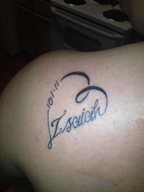 Baby Name In Heart Memorial Tattoo On Back Shoulder