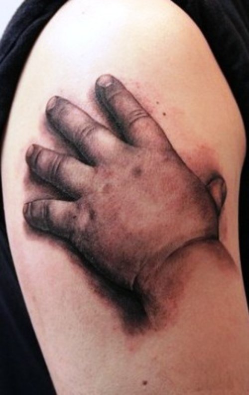 Grey Ink Baby Hand Tattoo On Half Sleeve