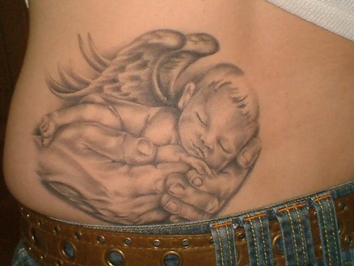 Grey Ink Baby Angel On Hands Tattoo On Lowerback