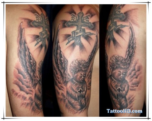 Grey Ink Cross And Baby Angel Tattoo On Half Sleeve