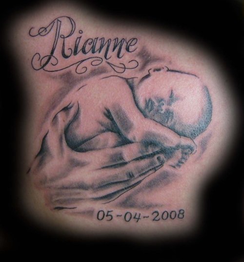 Memorial Baby On Hands Tattoo