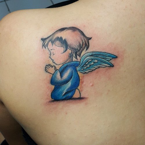 Blue Ink Praying Angel Tattoo On Left Back Shoulder
