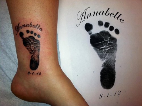 Annabelle Memorial Baby Footprint Tattoo On Leg