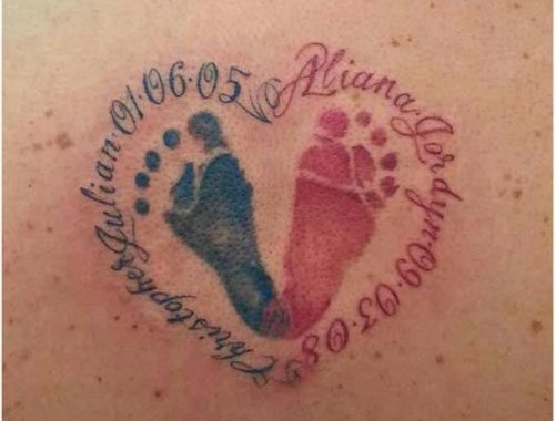 Blue And Pink Ink Memorial Baby Footprints Tattoo