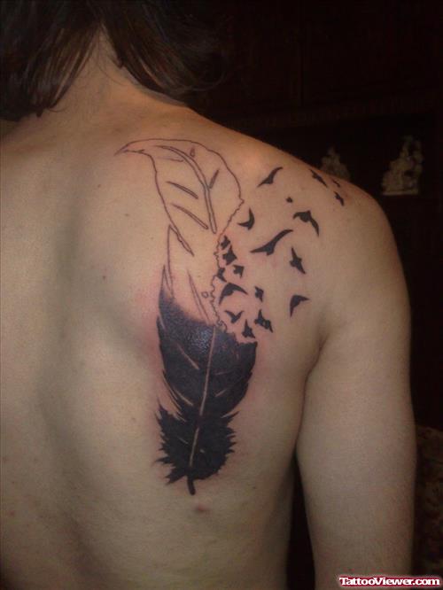 Feather And Flying Birds Back Tattoo