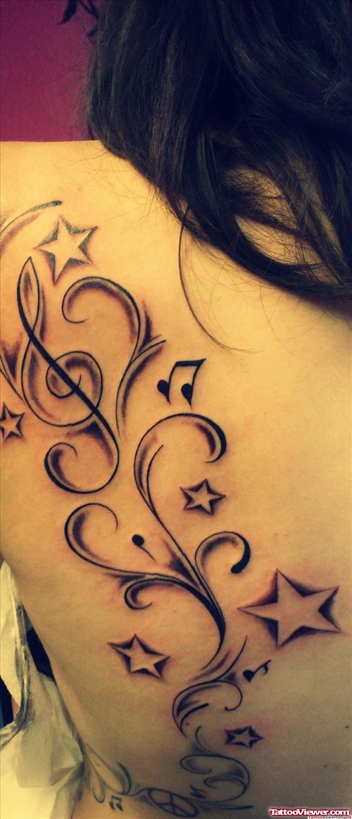 Stars And Violen Key Back Tattoo For Girls