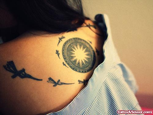 Black Ink Circle Back Tattoo For Girls