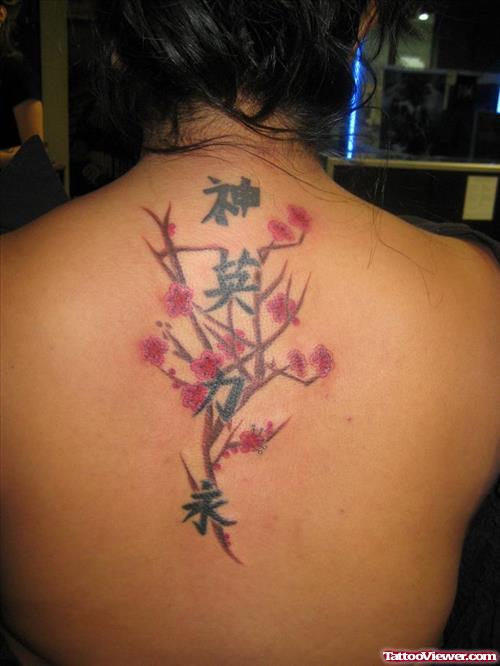 Kanji Symbols And Cherry Blossom Flowers Back Tattoo