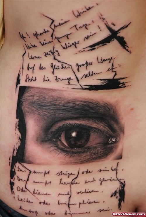 Grey Ink Eye And Script Back Tattoo