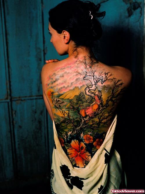 Colored Flowers And Tree Back Tattoo