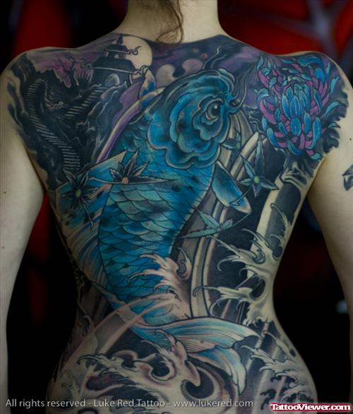 Blue Ink Koi Back Tattoo For Girls