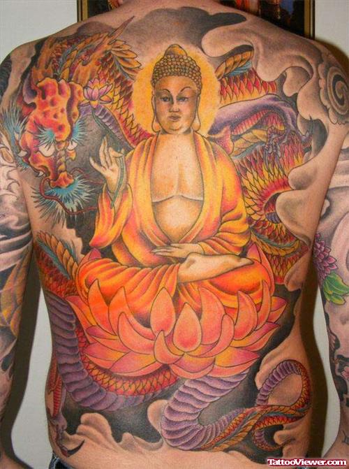 Religiou God Buddha On Lotus Color Ink Back Tattoo