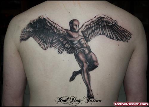 Grey Ink Male Angel Back Tattoo