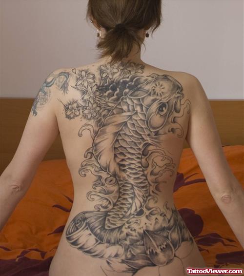 Grey Ink Japanese Flowers And Koi Back Tattoo For Girls