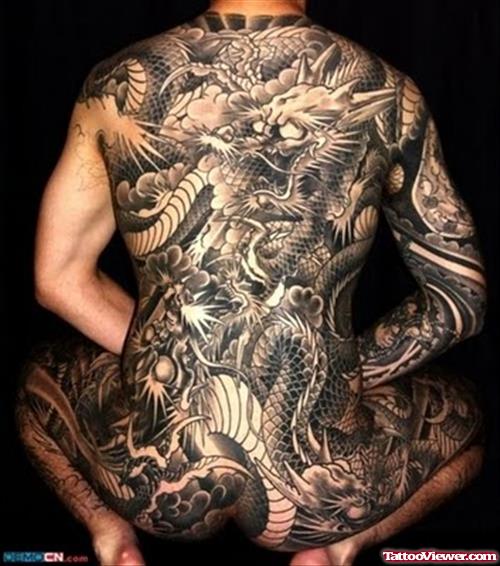 Grey Ink Japanese Dragon Full Back Tattoo