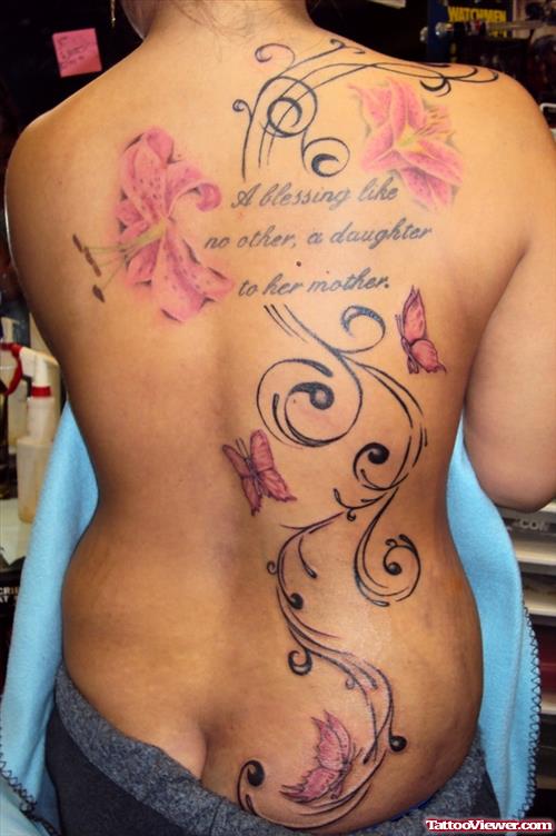 Pink Flowers And Pink Butterflies Back Tattoo