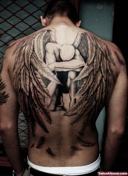 Grey Ink Fallen Angel Tattoo On Man Back