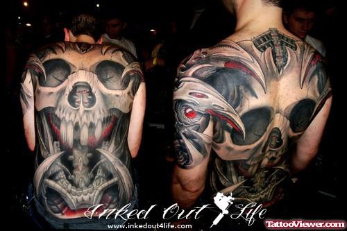 Black Ink Skull Back Tattoo