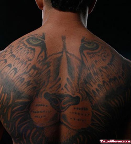 Lion Head Grey Ink Back Tattoo For Men.