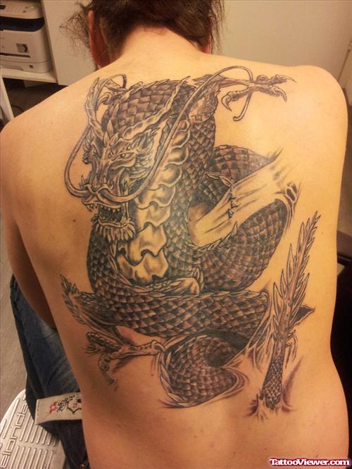 Grey Ink Dragon Back Tattoo