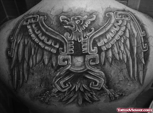 Grey Ink Aztec Bird Back Tattoo