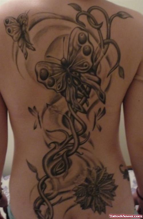 Butterflies And Flowers Back Tattoo