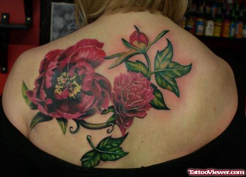 Red Flowers Back Tattoo For Girls