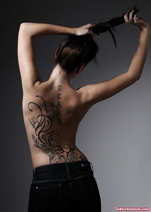 Kanji Symbols and Tribal Back Tattoo For Girls