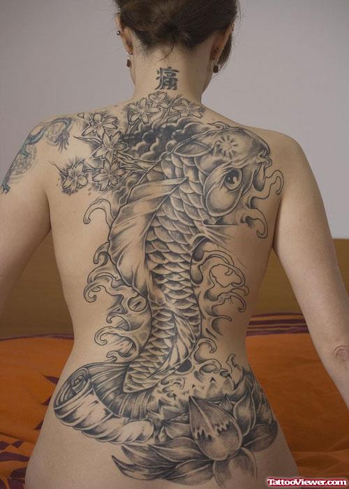 Grey Ink Flowers, Koi Fish And Lotus Tattoo On Back