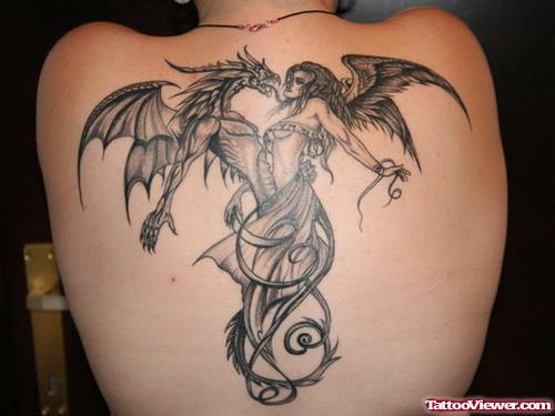 Dragon And Angel Grey Ink Back Tattoo