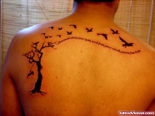 Black Ink Tree And Flying Birds Back Tattoo
