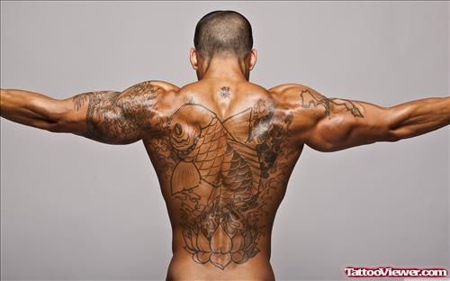 Lotus Flower And Koi Fish Back Tattoo For Men
