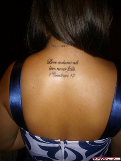 Love Never Fail Lettering Back Tattoo For Girls