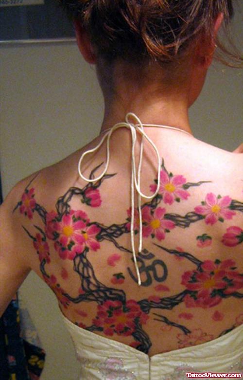 Cherry Blossom Flowers Color Ink Back Tattoo