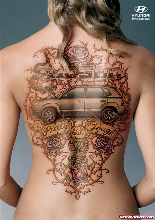 Rose Flowers And Tucson Car Back Tattoo For Girls