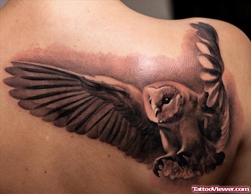 Flying Owl Grey Ink Back Tattoo