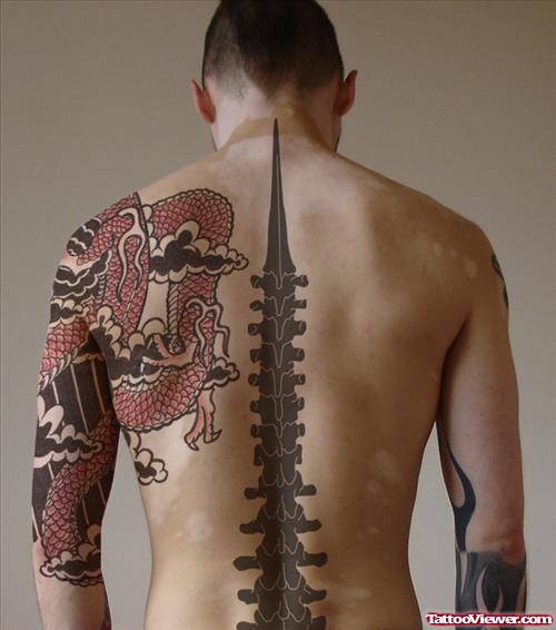 Dragon And Black Ink Spinal Cord Back Tattoo For Men