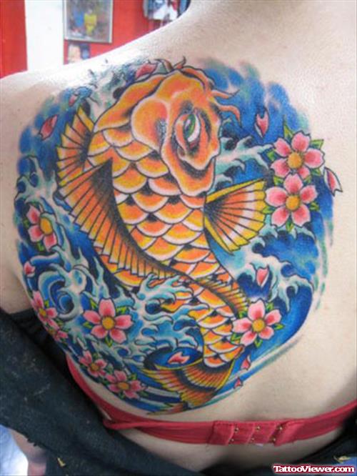 Colored Ink Koi and Flowers Back Shoulder Tattoo
