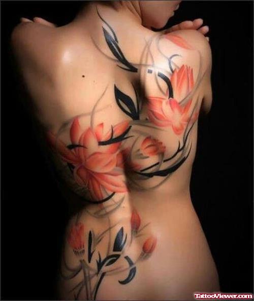 Lotus Flowers Back Tattoo For Girls