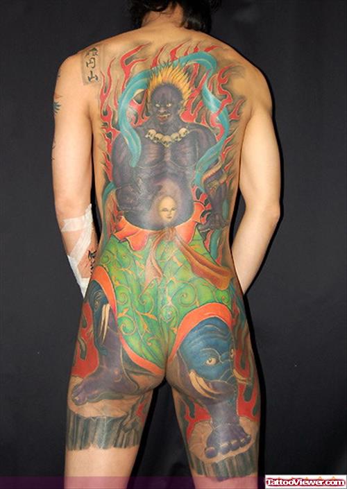 Flaming Demon Colored Ink Back Tattoo