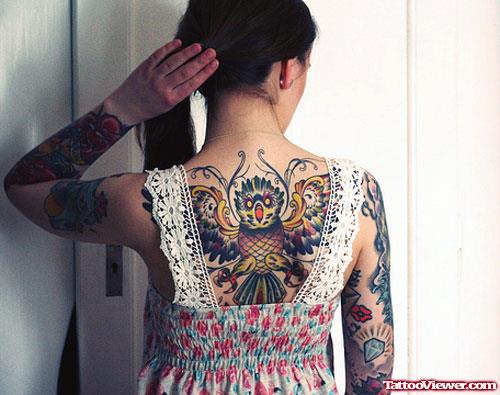 Colored Ink Owl Back Tattoo For Girls