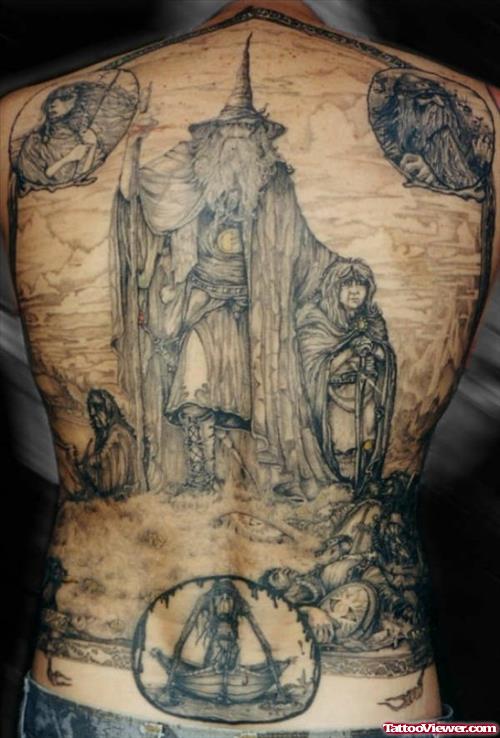 Awesome Grey Ink Viking Back Tattoo