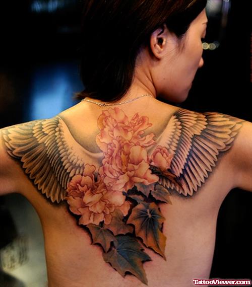Winged Color Flowers Tattoo On Girl Back