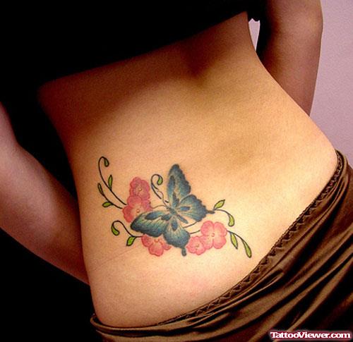 Pink Flowers And Blue Butterfly Back Tattoo