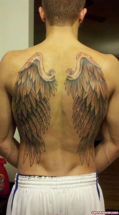 Grey Ink Angel Wings Tattoos On Man Back