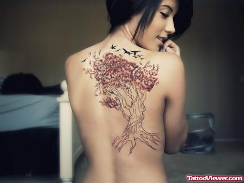 Flying Birds And Tree Tattoo On Back