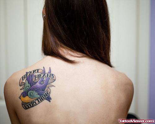 Cute Bird With Heart Means Everything Banner Back Tattoo
