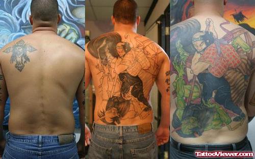 Colored Japanese And Cross Back Tattoos For Men