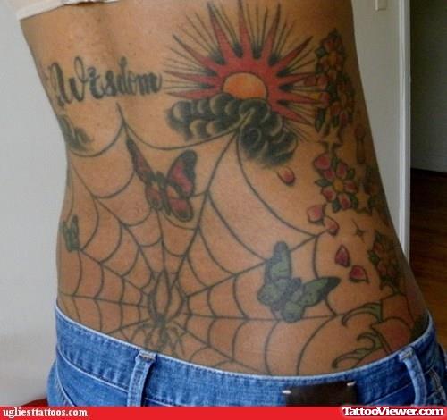 Butterflies And Spider Web Tattoo On Back